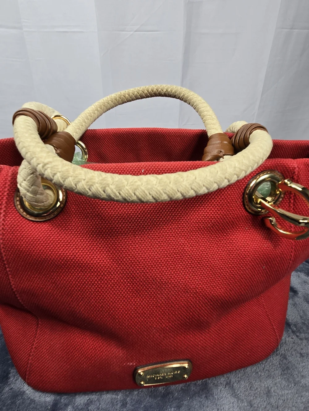 Michael Kors Red Canvas Tote with Rope Handles and Gold Hardware